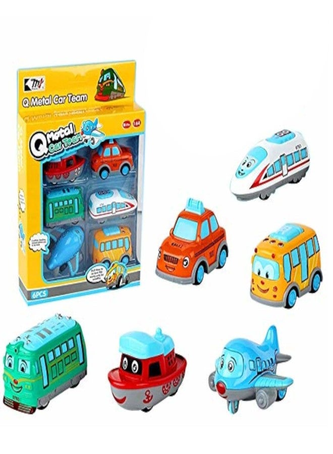 CIRBOX Pull-Back Metal Toy Vehicle Set - 6PCS Cartoon Transport Vehicles | Die-Cast Mini Cars, Bus, Train, Boat, and Airplane for Toddlers & Kids Boys & Girls - Image 1